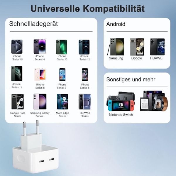 Snabb Laddare - PD 3.0 Laddare, Dubbel Typ C Laddare | Portabel Laddare Väggadapter med 2 USB-Portar, Lämplig för Apple, Samsung, Xiaomi, Huawei