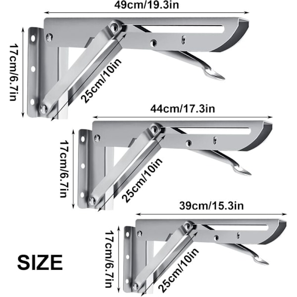 Taitettava teline 450 mm, 2 ruostumattomasta teräksestä valmistettua taitettavaa hyllytelinettä seinähyllyyn, autotallin hyllytukikehykseen, maksimipaino 9 kg