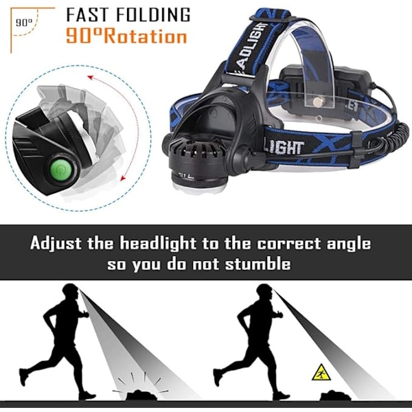 Pannlampa, Uppladdningsbar LED-lampa, 10000LM Pannlampa med 3 Ljuslägen med USB-kabel 2 18650 Batterier med Indikatorlampa för Camping Fiske Cli