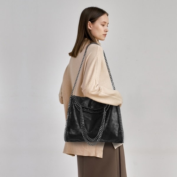 Skulderveske dame kjede luksus håndveske kjede myk veske crossbody veske dame håndveske Svart-WELLNGS