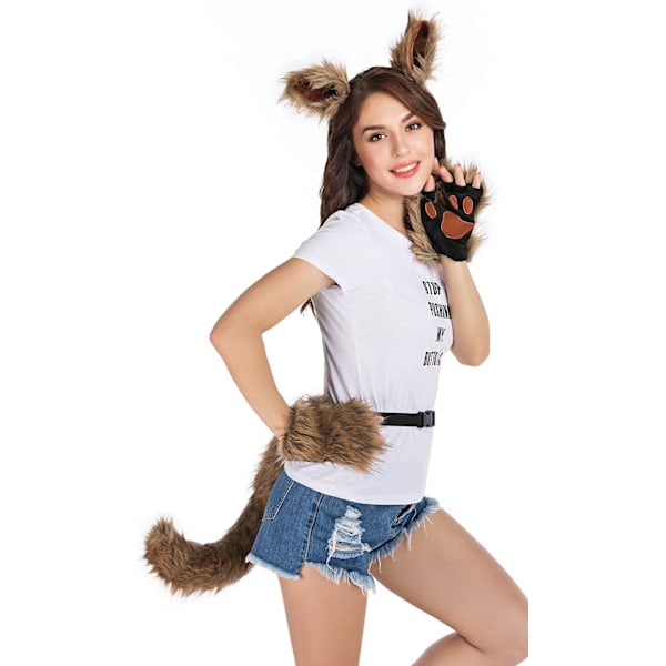Hvit reve-/ulvehale, ører og hansker sett for Halloween, jul, kostymefest, for barn eller voksne{DH}
