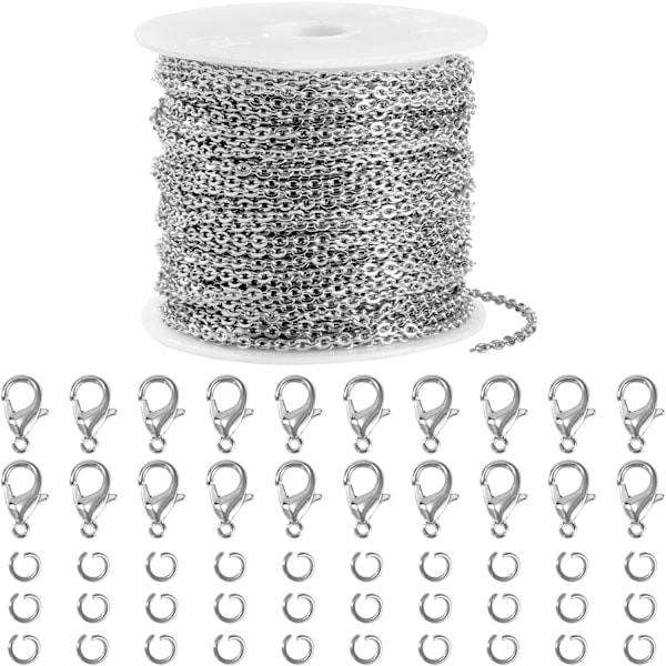 Kaulakoruketjut korujen valmistukseen, 10 metriä lenkkiketjua, ruostumattomasta teräksestä valmistettu ketju, jossa 30 hyppyrengasta ja 20 hummerilukkoa, 2 mm【mo】