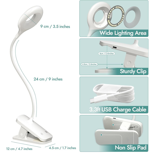 Klype Leselampe for Seng, Oppladbar Batterilampe, Touch Kontroll Sengelampe, Stor Klype Bordlampe med Fleksibel Arm