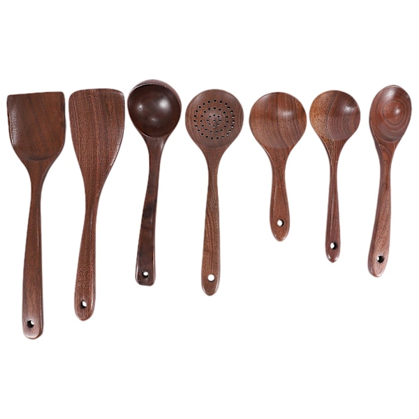 7-delad Köksredskapssats i Trä, Träsked, Svart Valnöt Träskedar, Stekspade, Visp [dB} Black walnut colour