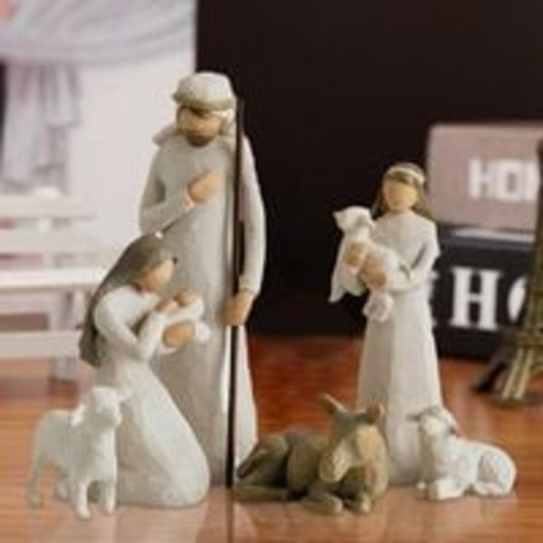 6-delt krybbespil figursæt. Hellig familie, tre lam, tre personer, engel og hyrde