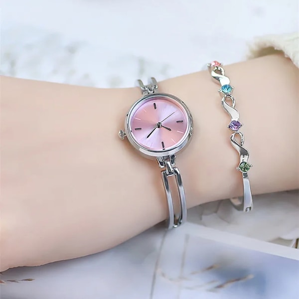 Elegant 25mm Kvarts Klocka för Kvinnor, Lyxigt Silverarmband, Roséguld Damklocka (Silver Lila) silver-purple
