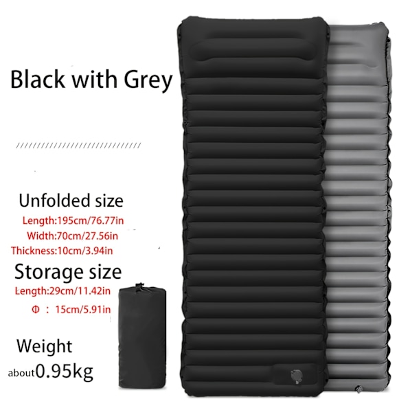 Pidennetty, levennetty ja paksumpi jalkojen puhallettava tyyny, kannettava ultrakevyt ilmapatja, sopii ulkoiluun, retkeilyyn Black with grey back