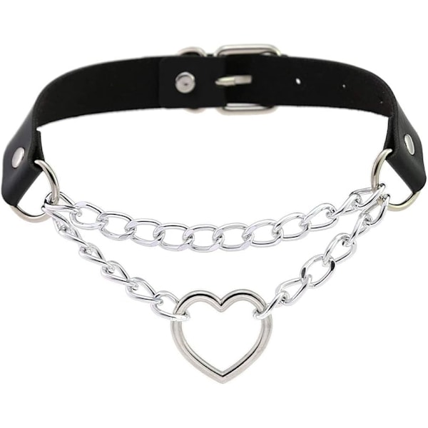 PU Konstläder Gotisk Punk Svart Silver Hjärta Ring Justerbart Halsband