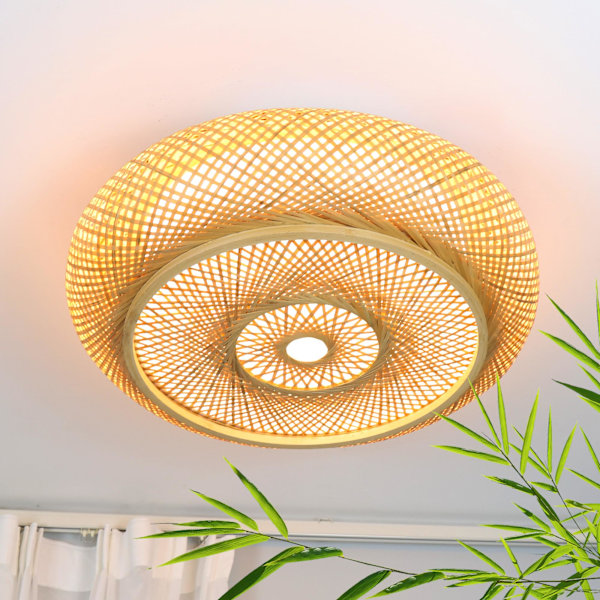 Bambus taklampe, LED tretaklampe, fjernkontroll, dimmbar, håndvevd bambus, naturlig, 9W, retro taklampe, rotting bambus, 40 cm