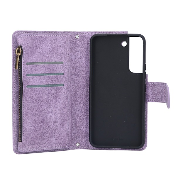 PU Läderplånboksfodral för Galaxy S22 Dragkedja Flip Folio Plånbok RFID-blockerande Skyddsfodral med Handledsrem Magnetisk Stängning Inbyggt Ställ