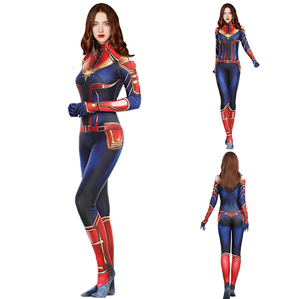 Captain Marvel Cosplay Kostym Heltkostym Captain Marvel Jumpsuit Halloweenfest Kvinna Finfräcka Dräkt Bodysuit S