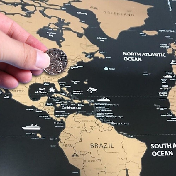 Scratch World Map Sort baggrund og kobberfolieomslag med nationalflag - L/med Cyli