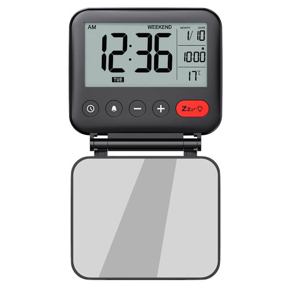 Reseväckarklocka Mini Bärbar LCD Digital klocka med bakgrundsbelysning kalender 12/24H temperatur sminkspegel