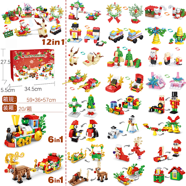 Byggeklosser Julekalender Blindboks Nedtelling 24 Ruter Barn DIY Bil Dinosaur Byggeklosser Hånddrevet Blindboks-sfssscs GL-95【2024 new model】