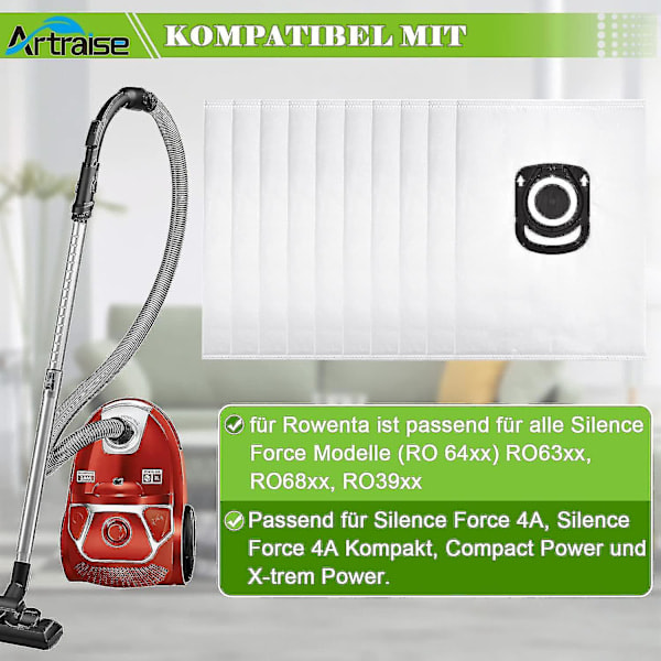 Pakkkaus, jossa 10 pölynimuripussia - Rowenta Hygiene + Zr200520 -malleille, Rowenta Compact Power, X-trem Power ja Silence Force -malleille (ro64xx Ro63xx Ro68xx Ro39x