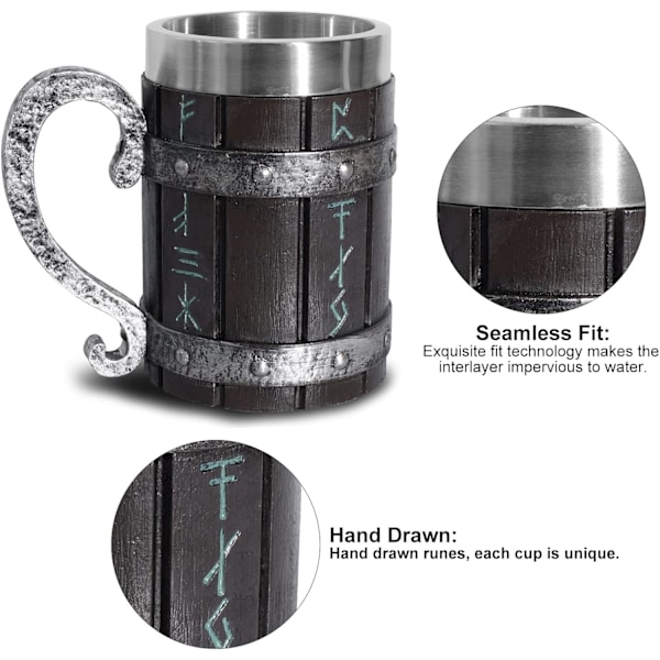 Nordiske Viking Rune Ølkrus - Stort Eikekrus - Med 3D Resin - For Menn, Farsdagsgave 550ml{DH}