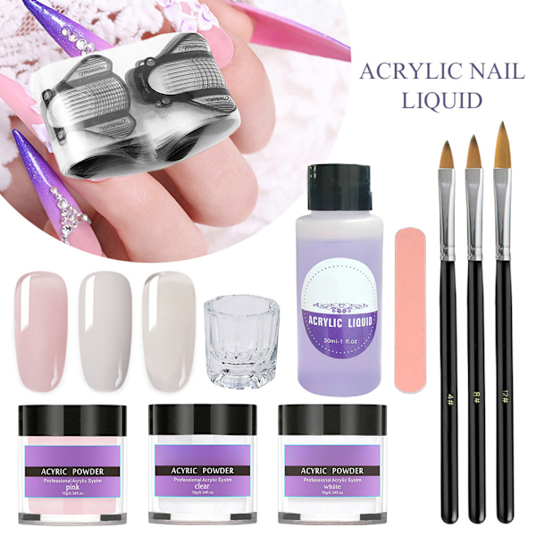 Akryl Neglesæt med Børste Akryl Pulver og Akryl Væske Akryl Pulver Sæt Neglekunst Manicure Værktøj