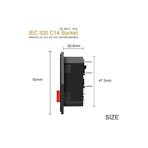 IEC 320 C14 -sovitin, uppoasennettava pistoke 220–250 V / 10 A paneelipistoke kytkimellä, IEC-audioliitäntä, uppoasennettava pistorasia