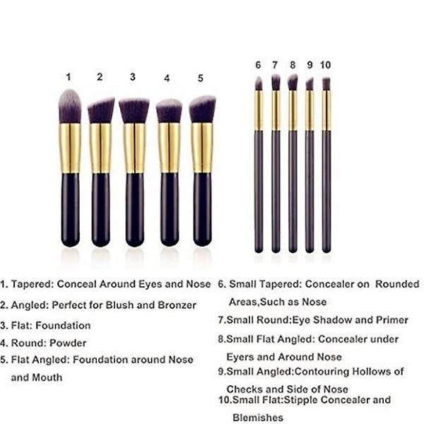 Makeup børster 10 stk - Sort/Guld