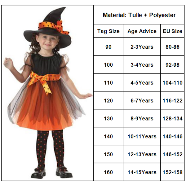 Pigekostume til Halloween - Hexe Kjole med Hat, Orange orange 110cm