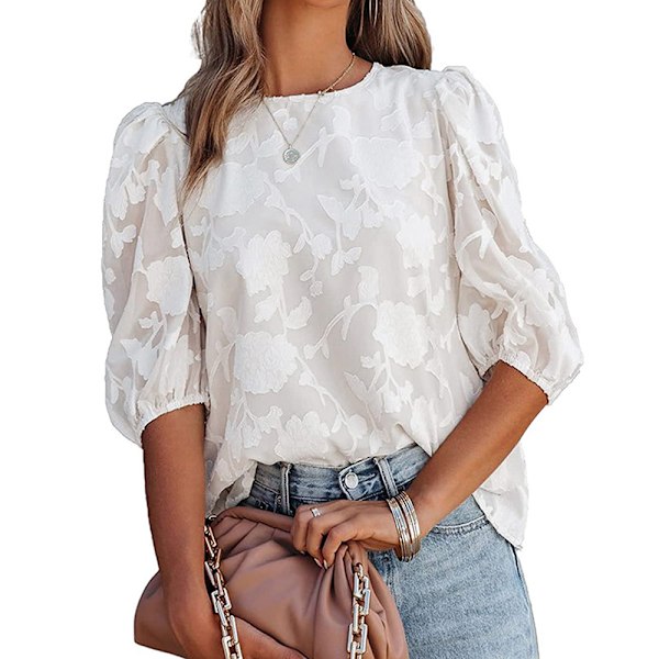 Bubble Leeve Chiffon Loose Top Shirt Med Blomsterstruktur (Hvid) S