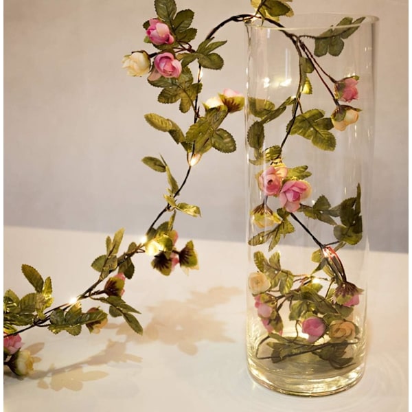 2M 20 LED Kunstig Blomsterguirlande Lys Batteridrevet Rose Vinstok Fe Lys til Have Dekoration