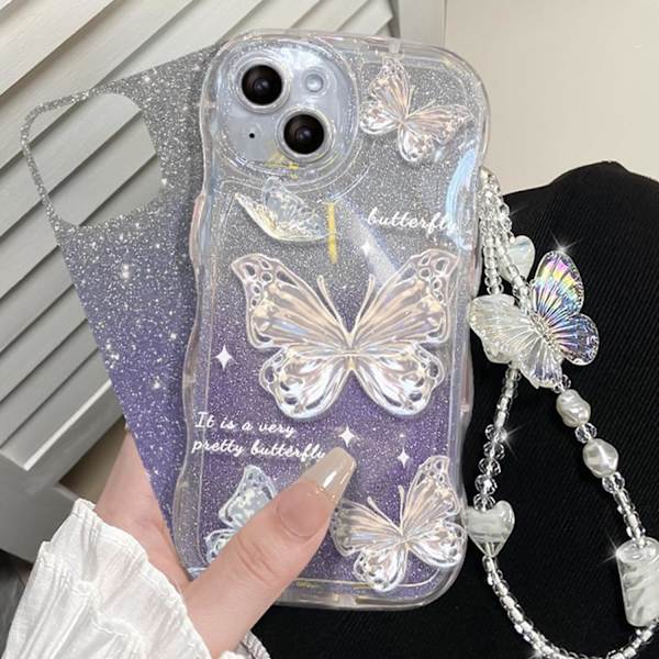 Söpö perhonen glitter bling naarmuuntumaton iskunkestävä kotelo iPhonelle käsivarrenauhalla - Violetti Purple iPhone 14 Pro Max