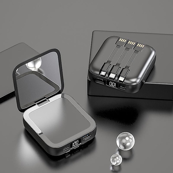 20000mah Bärbar Mini Powerbank Sminkspegel LED Digital Display Powerbank Externt Batteripaket Powerbank för Mobiltelefoner Svart