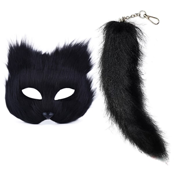 Faux pels rævehale katte maske Therian maske og hale Halloween Cosplays fest Black 0.12