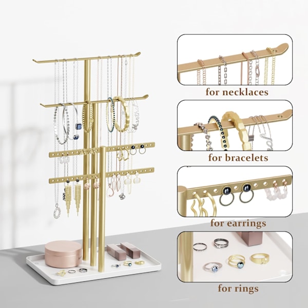 Smyckesställ Organizer: 14,5 tum Stabila Smyckeskrokar för Halsband, Örhängen, Armband, Guld och Vit