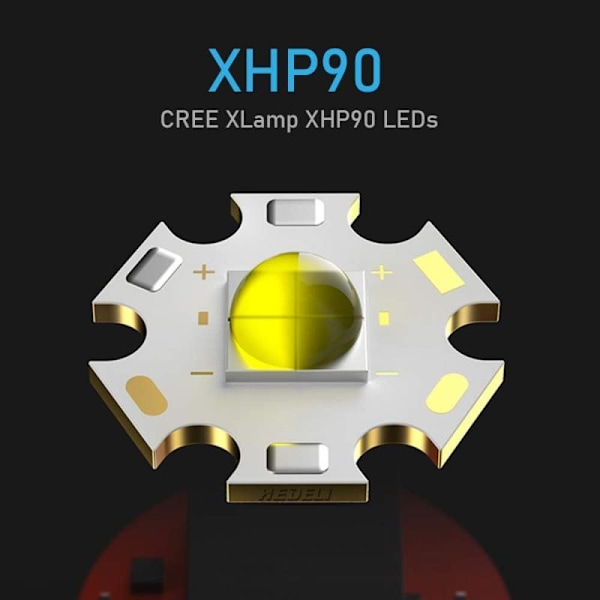 LED Ficklampa, 10000 Lumen XHP90 Ultraljus Stark Justerbar Zoombar Vattentät Ficklampa, Inkluderar 2*18650 Uppladdningsbara Batterier