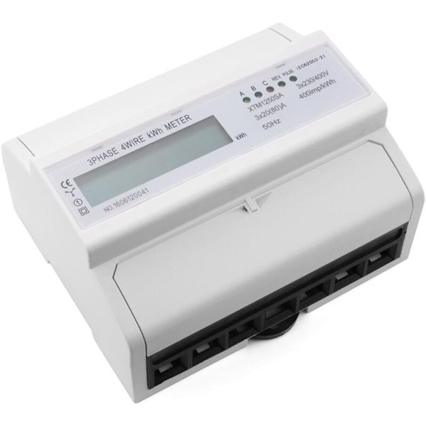 LCD kWh energimätare, 7 siffror, 3 x 20 (80) A, 3 x 230/400 V, 50 Hz, trefas, fyrtråds, DIN-skena, kWh, DIN-skena