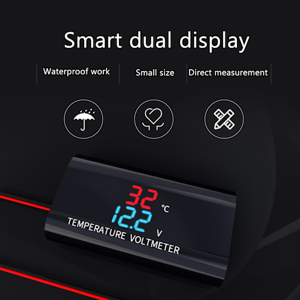 Vattentät för DC 12V Voltmeter Termometer 0,28 tum Dubbel Display för Bil Motorcykel