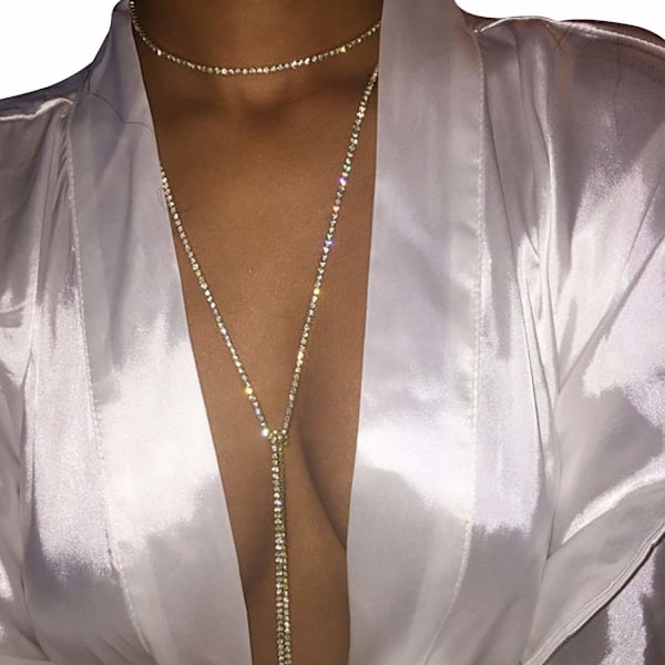 Boho Rhinestone Body Chain Gull Krystall Langt Anheng Halskjede Brystkjede Nattklubb Kroppstilbehør