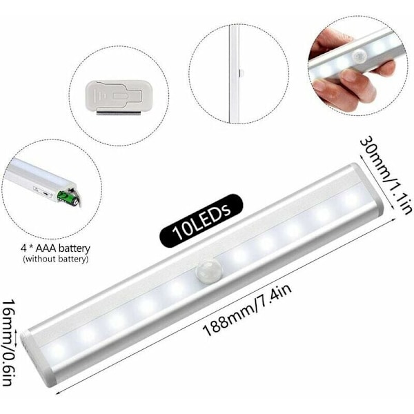 Set med 3 LED-lampor, inbyggd rörelsesensor, skåplampa, 10 LED, trådlös spotlight, LED-skåplampa, batteridriven LED-belysning med magnet