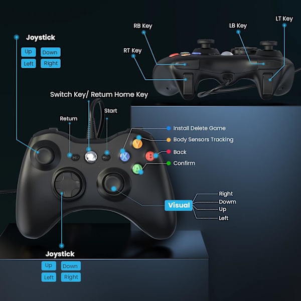 Langallinen ohjain 360:lle, peliohjain 360:lle, jossa kaksoisvärinä Turbo, yhteensopiva Xbox 360/360 Slim ja PC Windows 7,8,10,11（musta） black