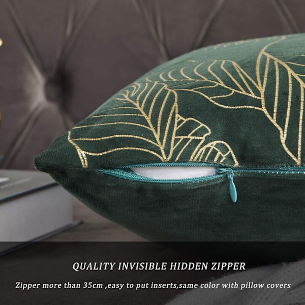 Pudebetræk 50x50cm Velvet Guld Blad Pudebetræk Grøn Dekorativt Pudebetræk Pyntepude til Sofa Soveværelse Stue Sæt med 2【ad】