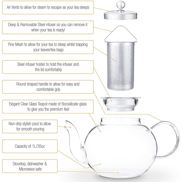 Glas tekande med aftageligt låg og infuser i rustfrit stål