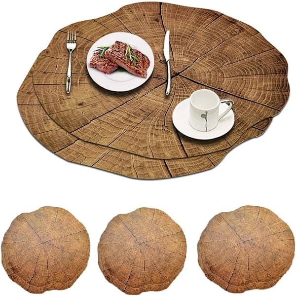 Runda PVC-bordstabletter för matbord, vattentäta med trästruktur, tvättbara, halkfria, värmebeständiga, lätta att rengöra, PVC, 38 cm (set om 4)