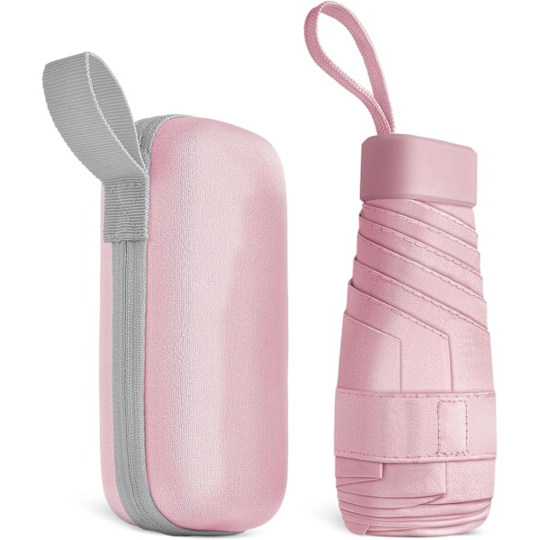 Rejse Paraply, 6 Ribber Mini Paraply Lille UV Paraply, Sammenfoldelig Sol Paraply Vindtæt Regn Paraply med Kapsel Taske, Sammenfoldelig Lomme Paraply Pink