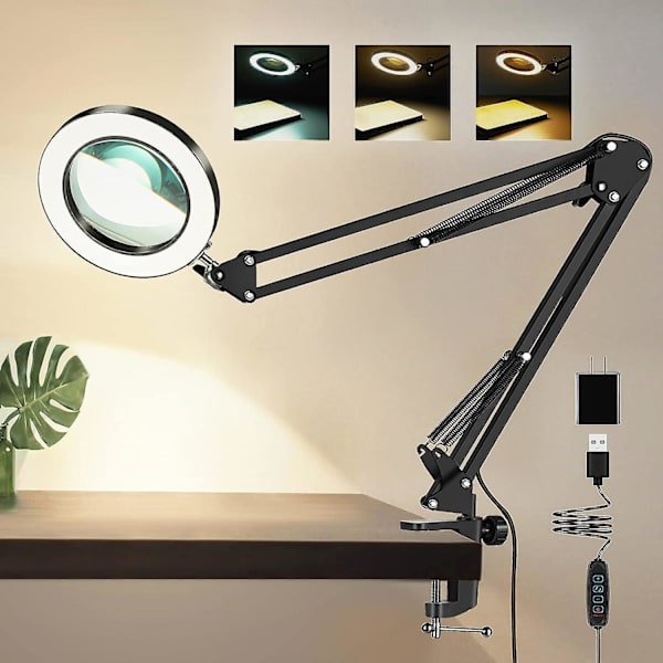 5x Förstoringsglas med Lampa, 3 Färglägen Steglöst Dimbar 8-Dioptri Äkta Glaslins Förstoringsglas med Skrivbordslampa