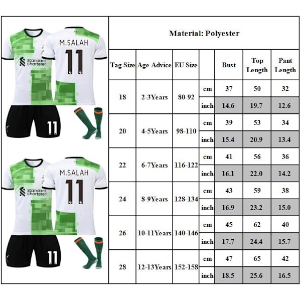 2023-24 Liverpool udebane ny grøn nr. 11 M.SALAH fodboldsæt perfekt til børn drenge og piger ungdomsstørrelse 26