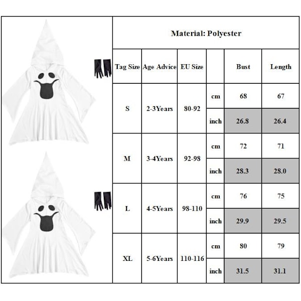 Halloween-kostyme for barn, spøkelsesforestilling, alvedrakt S