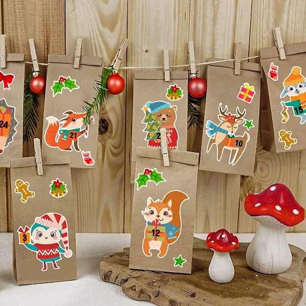 Tom adventkalender til å fylle, 24 Kraft papirposer med klistremerke for julepynt 1