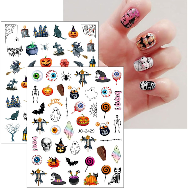 12 Ark Halloween Neglekunst Stickers Dekaler Selvklæbende Skalle Søde Gys Spøgelse Græskar Pink Negle Tilbehør Neglekunst Design