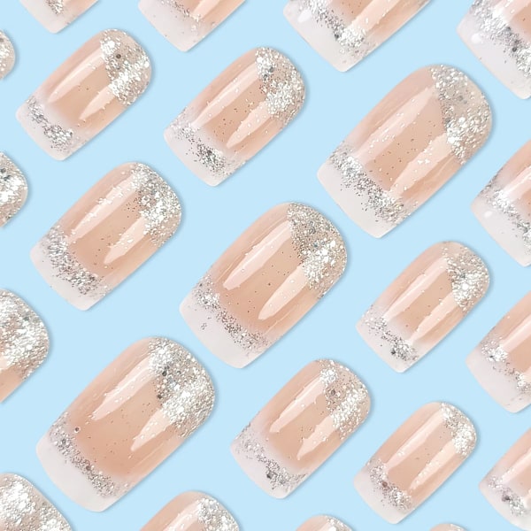 24 stk Franske Tip Press-on Negle Medium Længde Hvid Fransk Tip Falske Negle med Glitter Design Glansfulde Falske Negle G