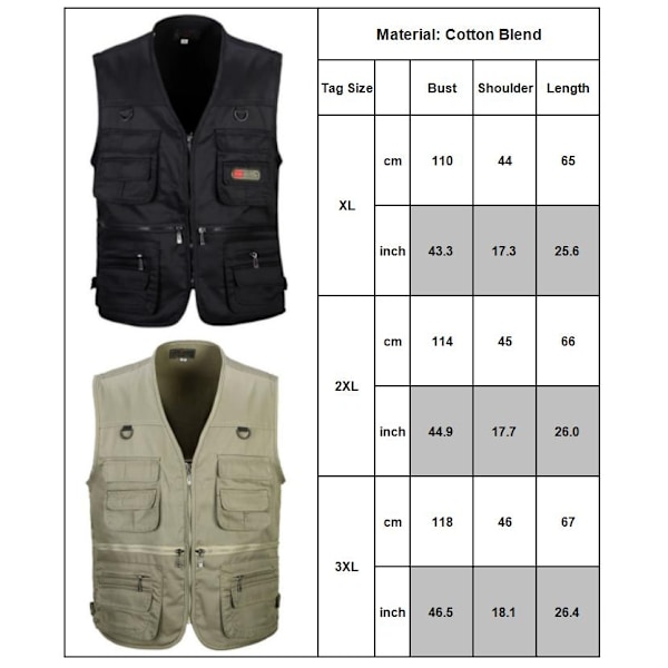 Herre Outdoor Fiskeri Vest Jagt Vandring Udendørs Vest Lomme Khaki- Perfekt Khaki Khaki XL