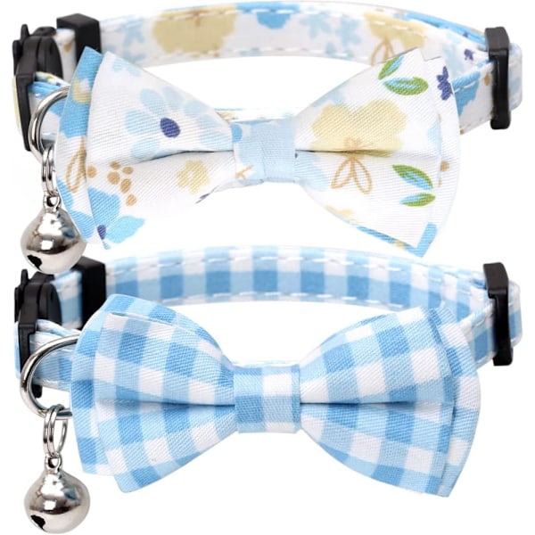 2-Pack/Set Cat Collar with Cute Bow Tie and Bell Plaid Flower for Kitten Adjustable Safety - Blue