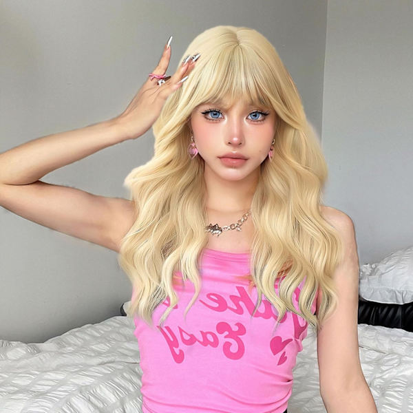 Lång vågig blond peruk för kvinnor, 68 cm lång lockig peruk med lugg, blond