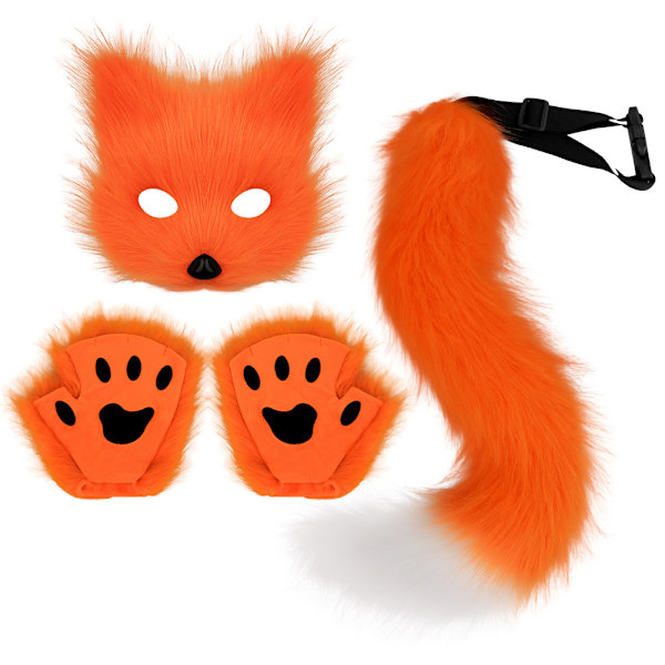 Halloween kostume simulation rævemaske handsker plys rævehale håndlavet dyrehale cosplay rekvisitter tilbehør Orange tre-delt sæt Orange three-piece set One Size
